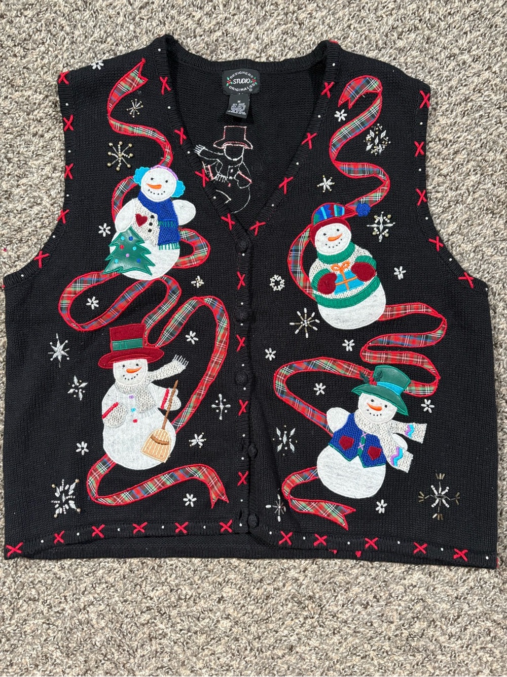 Studio Works Black Holiday Snowman Knit Vest